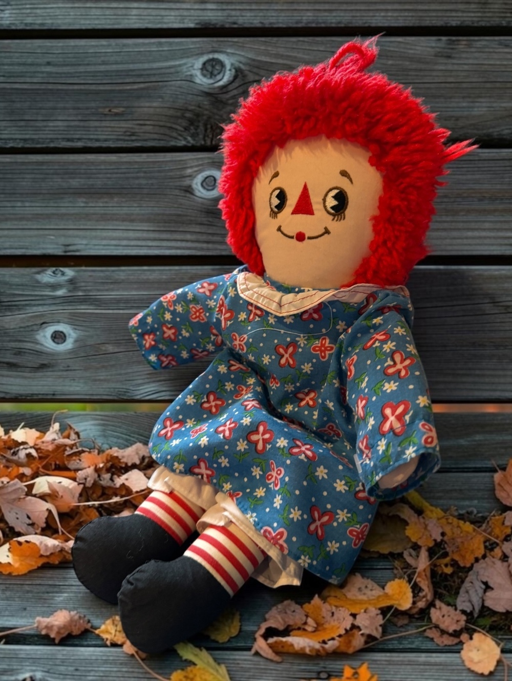 Vintage 1987 Applause Raggedy Ann Doll with Red Yarn Hair and Floral Dress